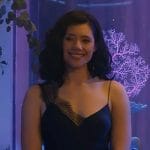 Violet’s navy lace trim dress at Casey & Brett’s wedding on Chicago Fire