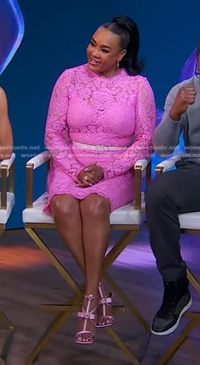 Vivica A. Fox’s pink floral lace dress on Good Morning America