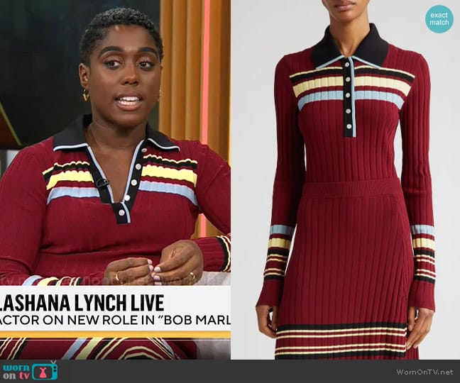 Lashana Lynch’s red striped polo top on CBS Mornings