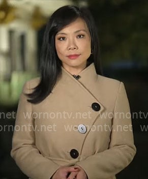 Weijia Jiang's asymmetric button coat on CBS Mornings