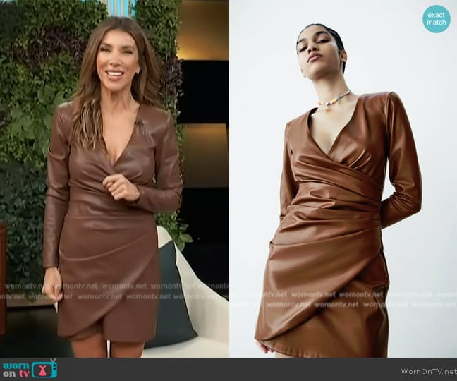 Zara Brown Faux Leather Wrap Dress worn by Adrianna Costa on Access Hollywood