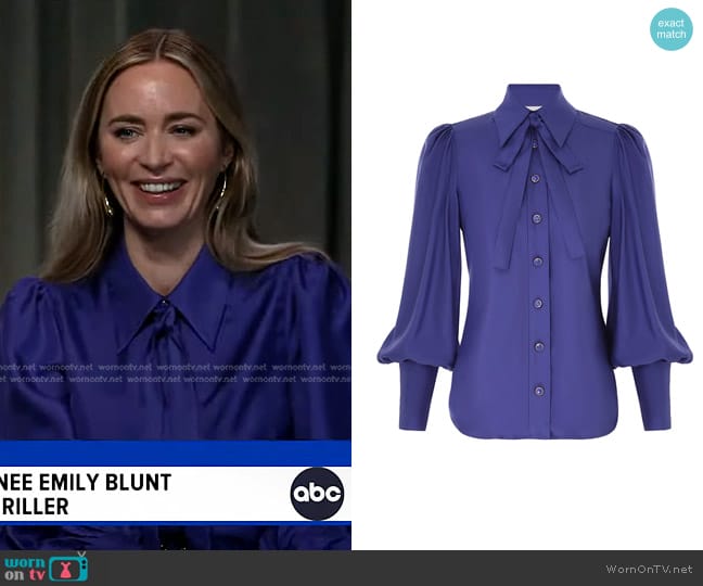 Zimmermann Natura Silk Satin Tie Neck Button-Up Shirt in Lapis worn by Emily Blunt on Good Morning America