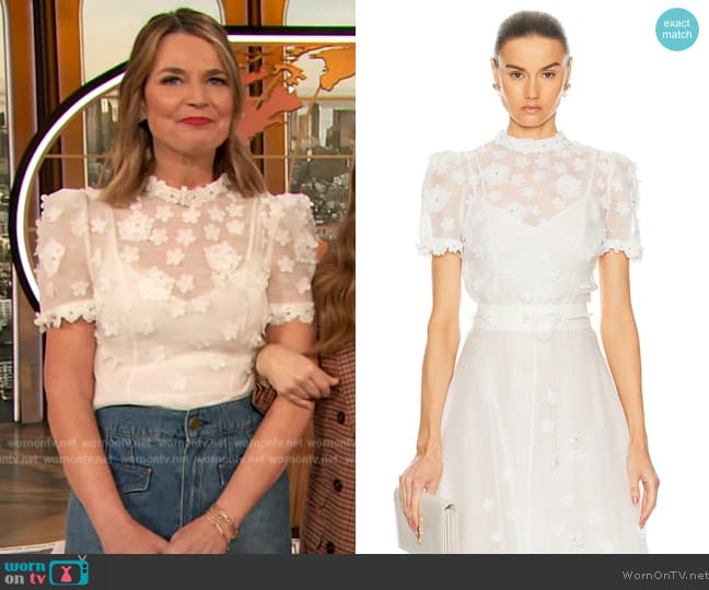 Zimmermann Matchmaker Lift Off Linen-Silk Top worn by Savannah Guthrie on The Drew Barrymore Show