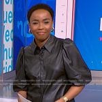 Zinhle’s black puff sleeve leather blouse on NBC News Daily