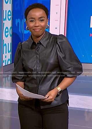 Zinhle’s black puff sleeve leather blouse on NBC News Daily