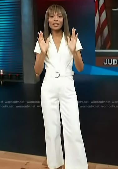 Zuri's white belted jumpsuit on Access Hollywood