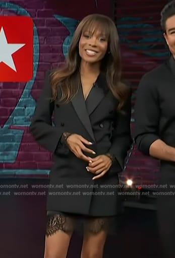 Zuri’s black lace trim blazer dress on Access Hollywood