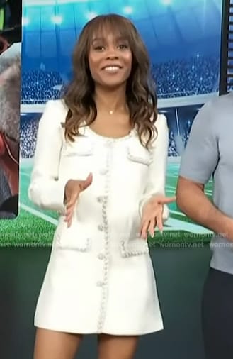 Zuri’s white tweed embellished mini dress on Access Hollywood