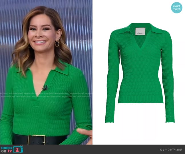 3.1 Phillip Lim Honeycomb Stitch Viscose Polo in Grass worn by Rebecca Jarvis on Good Morning America