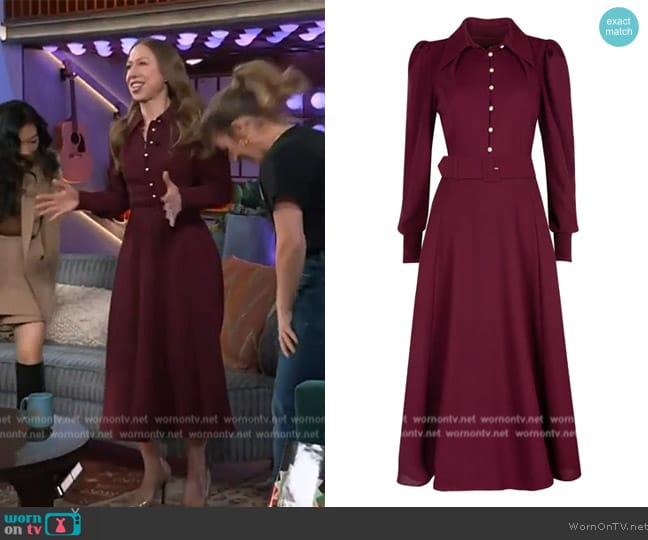 Beulah London Ahana Burgundy Long Sleeve Dress worn by Chelsea Clinton on The Kelly Clarkson Show