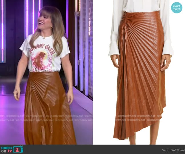 A.L.C. Tracy Asymmetric Pleat Faux Leather Skirt in Gognac worn by Kelly Clarkson on The Kelly Clarkson Show