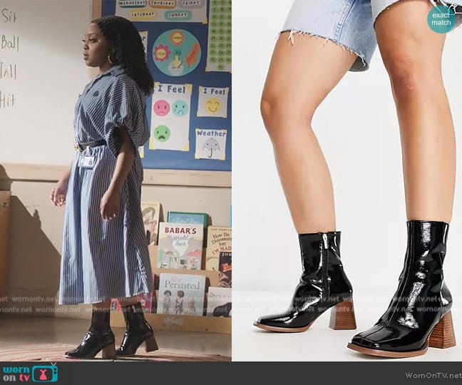 ASOS Reform mid-heel boots in black patent worn by Janine Teagues (Quinta Brunson) on Abbott Elementary