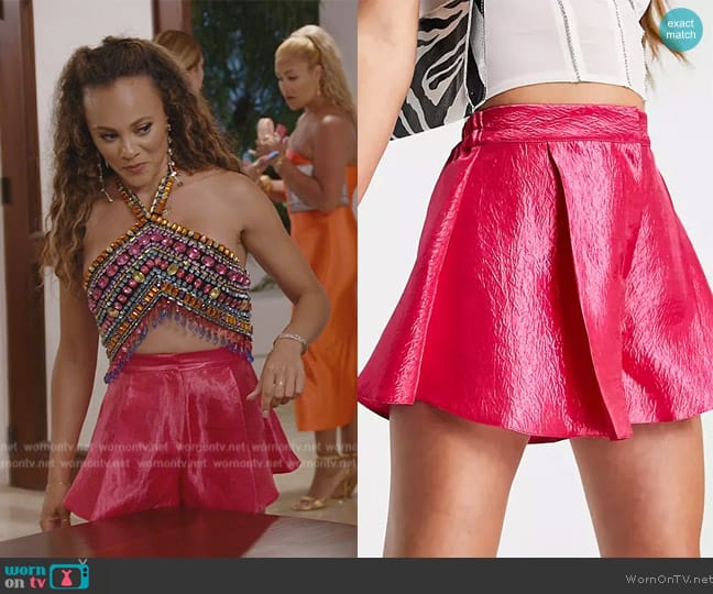 ASOS Tailored swing short in metallic pink worn by Ashley Darby on The Real Housewives of Potomac