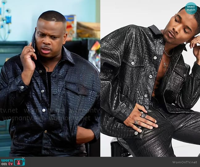 ASOS Design Trucker jacket in black croc leather look worn by Maurice Webb (Brian Jordan Jr.) on Tyler Perrys Sistas