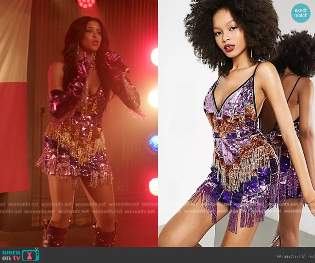 ASOS Blocked chevron sequin fringe mini dress worn by Wickie Roy (Renée Elise Goldsberry) on Girls5eva