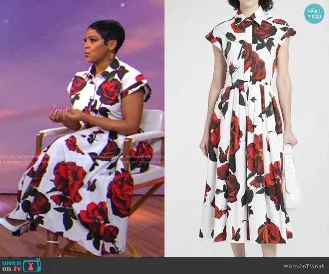 Alexander McQueen Floral-Print Pleated Cap-Sleeve Midi Shirtdress