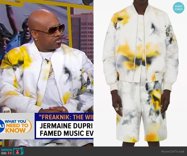 Alexander McQueen Obscured Flower Padded Bomber Jacket and Shorts worn by Jermaine Dupri on Good Morning America