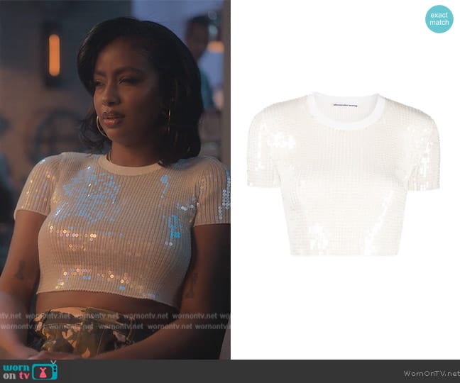 Alexander Wang sequin-embellished T-shirt worn by Annika (Justine Skye) on Grown-ish