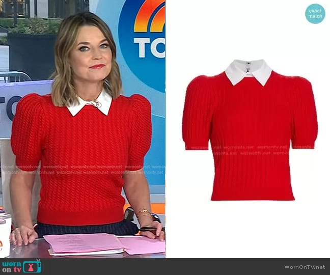 Alice + Olivia Chase Cable-Knit Puff-Sleeve Sweater in Perfect Ruby White worn by Savannah Guthrie on Today