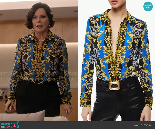 Alice + Olivia Willa Shirt in Regal Romance Sapphire worn by Margaret Wright (Marcia Gay Harden) on So Help Me Todd