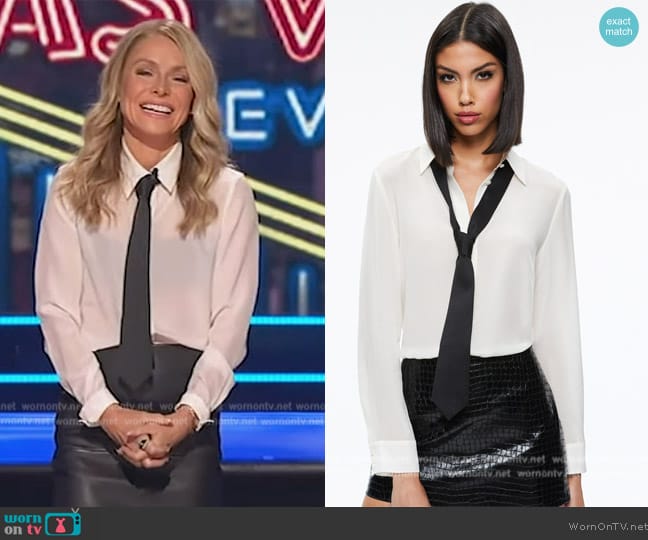 Alice + Olivia Willa Placket Top with Tie worn by Kelly Ripa on Live with Kelly and Mark