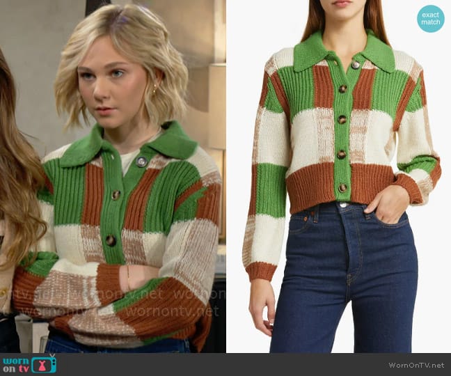 All in Favor Colorblock Collared Cardigan worn by Lucy Romalotti (Lily Brooks O’ Briant) on The Young and the Restless