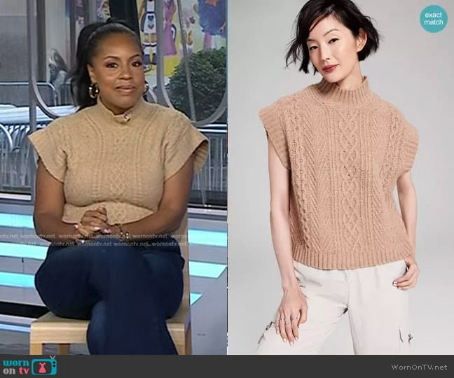 And Now This Cable-Knit Mock-Neck Sleeveless Sweater in Almond worn by Sheinelle Jones on Today