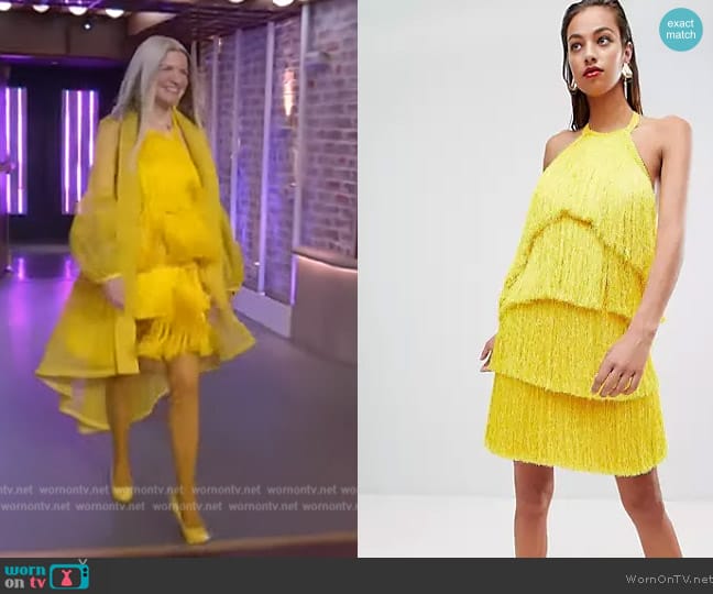 ASOS Fringe halter tassel back mini dress worn by Ella London on The Kelly Clarkson Show