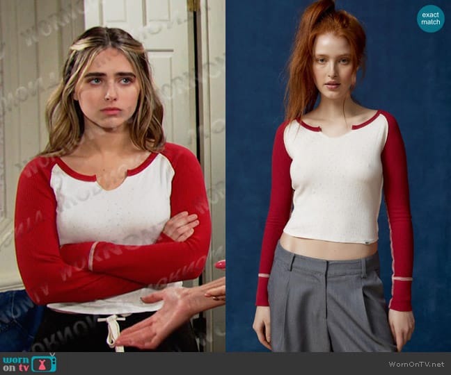 BDG Viv Spliced Notch Neck Tee in Red worn by Holly Jonas (Ashley Puzemis) on Days of our Lives