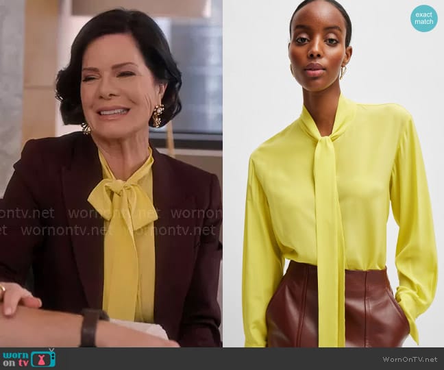 BOSS Relaxed-fit blouse in washed silk with tie collar worn by Margaret Wright (Marcia Gay Harden) on So Help Me Todd