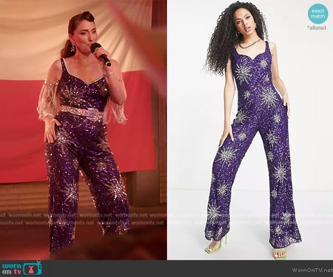 Dawn’s purple sequin stars jumpsuit on Girls5eva