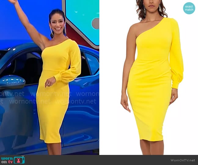 Betsy & Adam Asymmetric One-Sleeve Sheath Dress worn by Manuela Arbeláez on The Price is Right