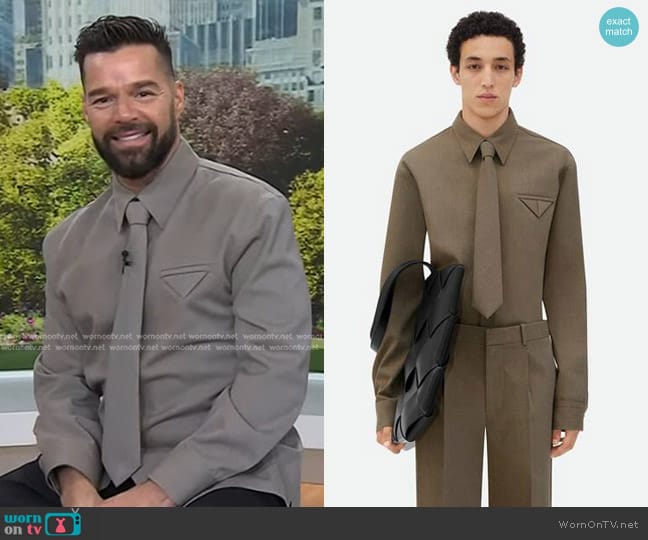 Bottega Veneta Wool Twill Shirt With Triangle Pocket in Grey Ocre Melange worn by Ricky Martin on Today