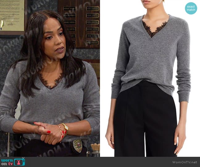 C by Bloomingdale's Cashmere V-Neck Lace Trim Cashmere Sweater worn by Jada Hunter (Elia Cantu) on Days of our Lives