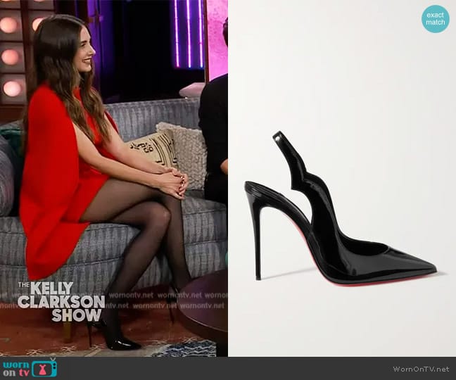 Christian Louboutin Hot Chick Patent Red Sole Slingback Pumps worn by Alison Brie on The Kelly Clarkson Show