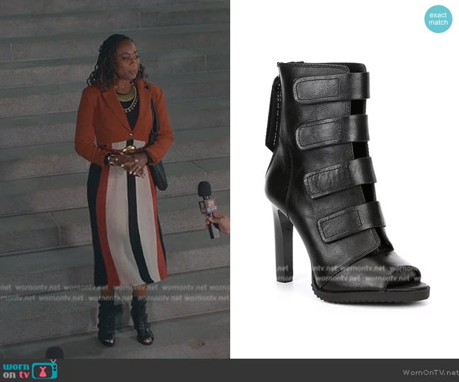 DKNY Blake Strappy Leather Peep Toe Stiletto Booties worn by Malika Williams (Zuri Adele) on Good Trouble