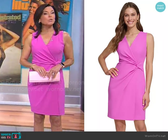 DKNY Surplice Twist-Front Sleeveless Sheath Dress in Cosmic Pink worn by Meg Oliver on CBS Mornings