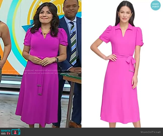 DKNY Tie-Waist Point Collar A-Line Dress in Power Pink worn by Adrianna Barrionuevo Brach on Today