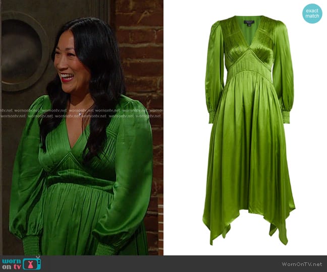 Allsaints Estelle Satin Midi Dress in Cactus Green worn by Melinda Trask (Tina Huang) on Days of our Lives