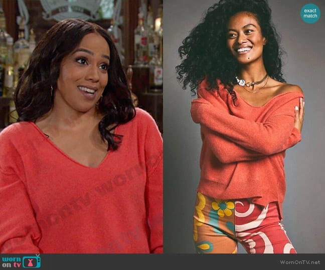 Free People Harmony Cashmere V Neck Sweater in Coral worn by Jada Hunter (Elia Cantu) on Days of our Lives