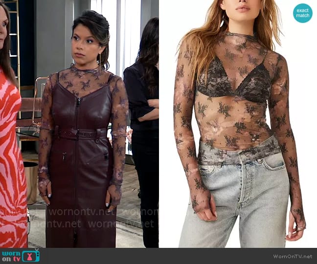 Free People Printed Lady Lux Mesh Top in Night Sky worn by Alison 'Blaze' Rogers (Jacqueline Grace Lopez) on General Hospital