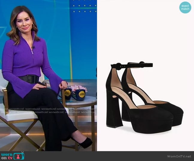 Gianvito Rossi Holly Suede Platform Pumps worn by Rebecca Jarvis on Good Morning America