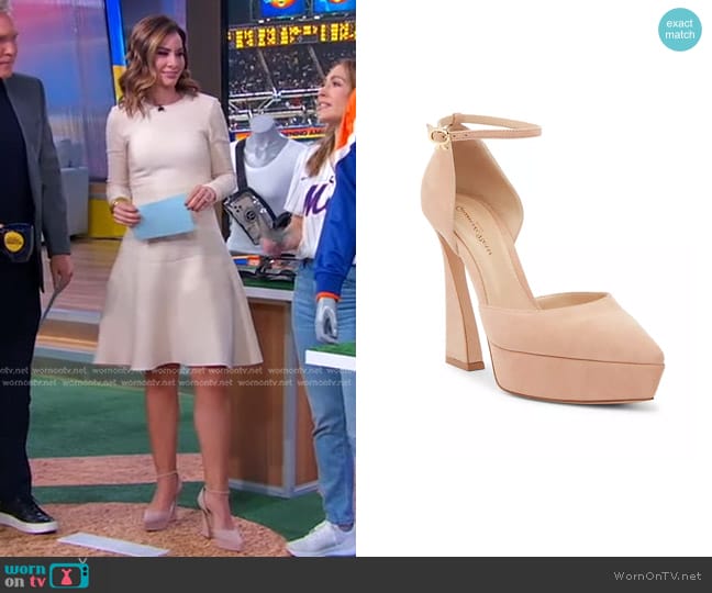 Gianvito Rossi Vertigo 85MM Suede Platform Pumps worn by Rebecca Jarvis on Good Morning America