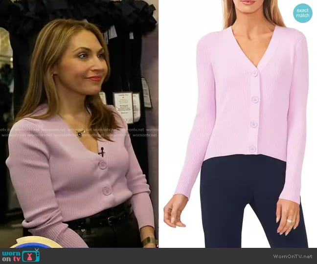 Halogen Rib Cardigan in Orchid Bloom worn by Lori Bergamotto on Good Morning America