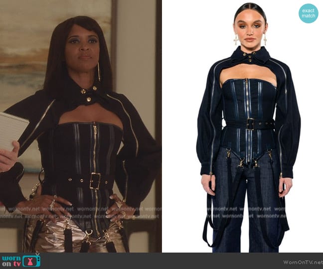 Akira It's The Details For Me Denim Corset and Cropped Jacket worn by Wickie Roy (Renée Elise Goldsberry) on Girls5eva