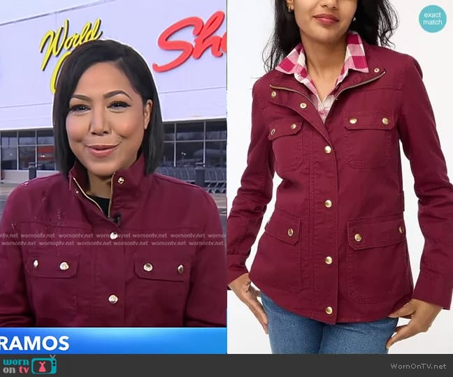 J. Crew Resin-Coated Twill Field Jacket in Vintage Burgundy worn by Stephanie Ramos on Good Morning America