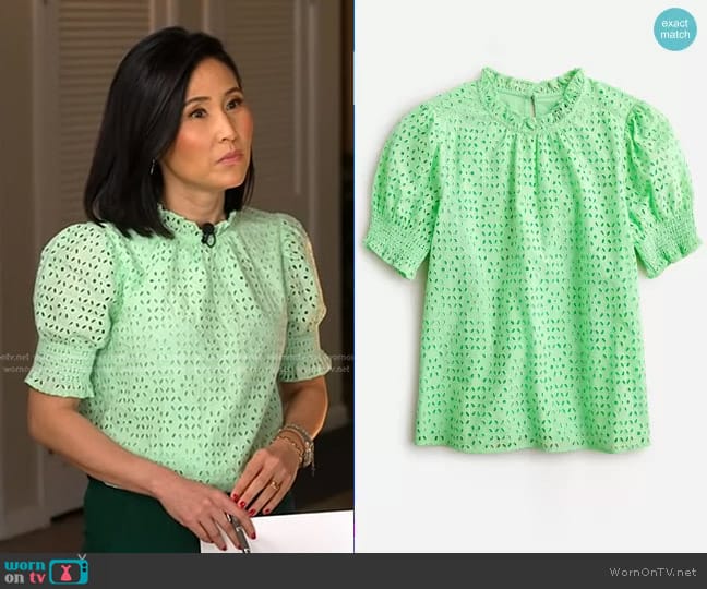 J. Crew Smocked Puff-Sleeve Top in eyelet Frosty Green worn by Vicky Nguyen on Today