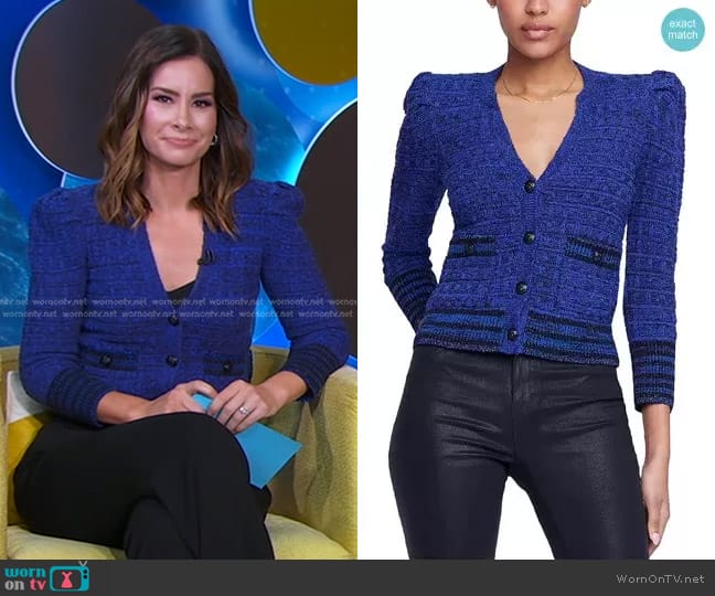 L'Agence Jenni Waffle-Knit Cardigan worn by Rebecca Jarvis on Good Morning America