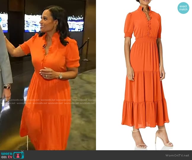 London Times Smocked Waist Ruffle Neckline Dress in Koi worn by Kristen Welker on Today