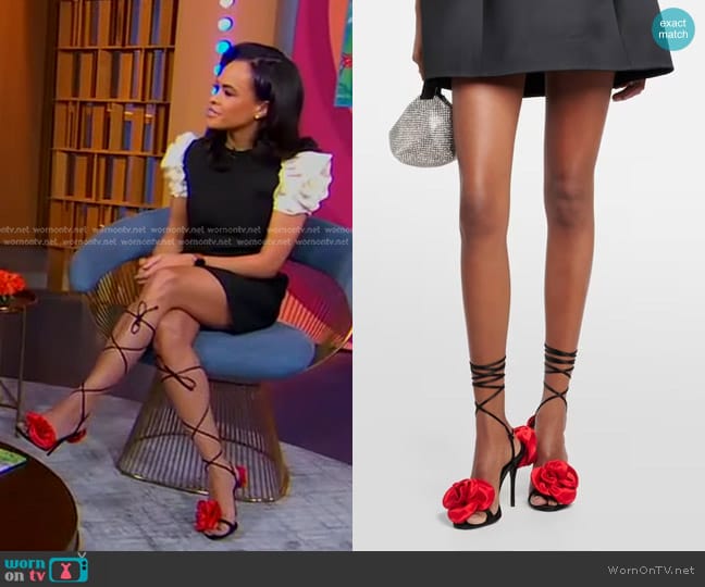 Magda Butrym Floral-appliqué Satin Slingback Sandals worn by Linsey Davis on Good Morning America